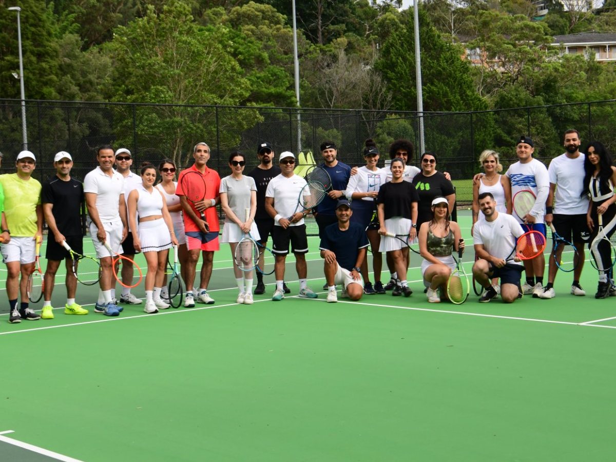 Everyone together on court at the Persian Community Tennis Social and High Tea, January 2025